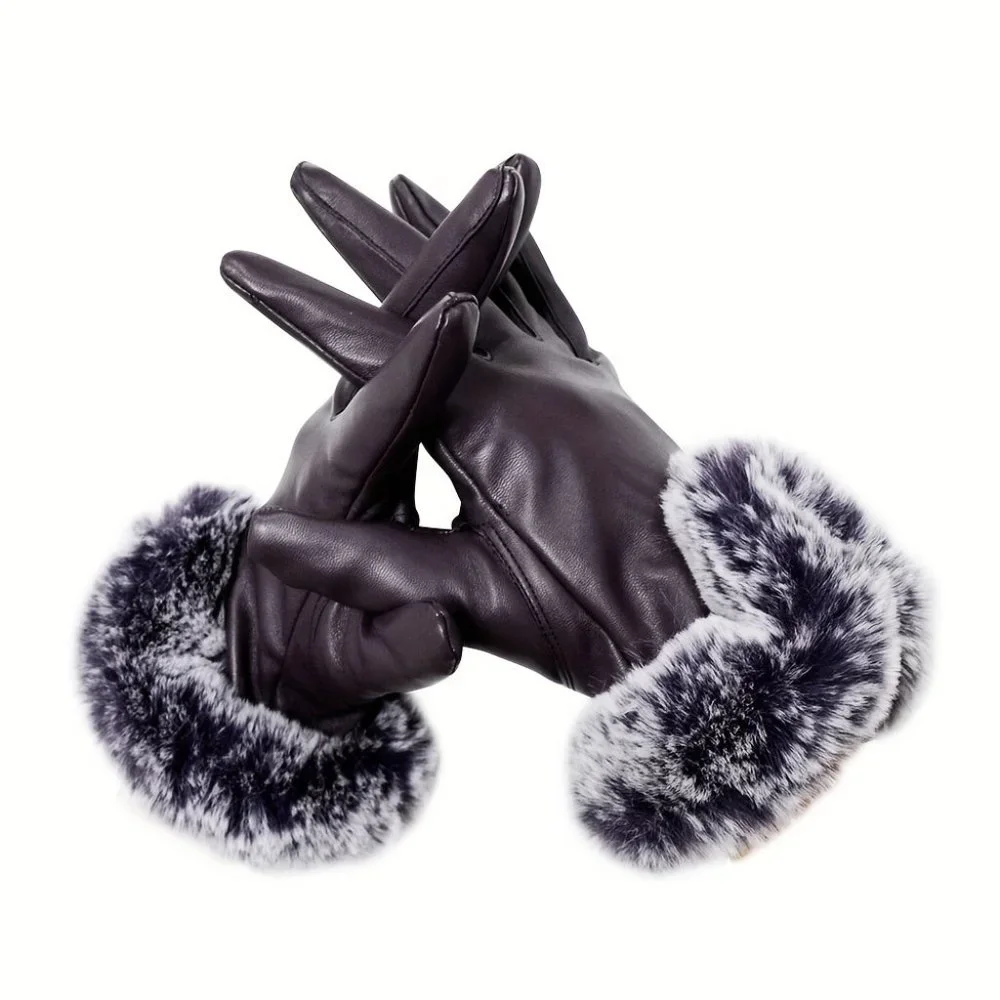 Faux Fur Cuffs Gloves PU Leather Mature Mittens